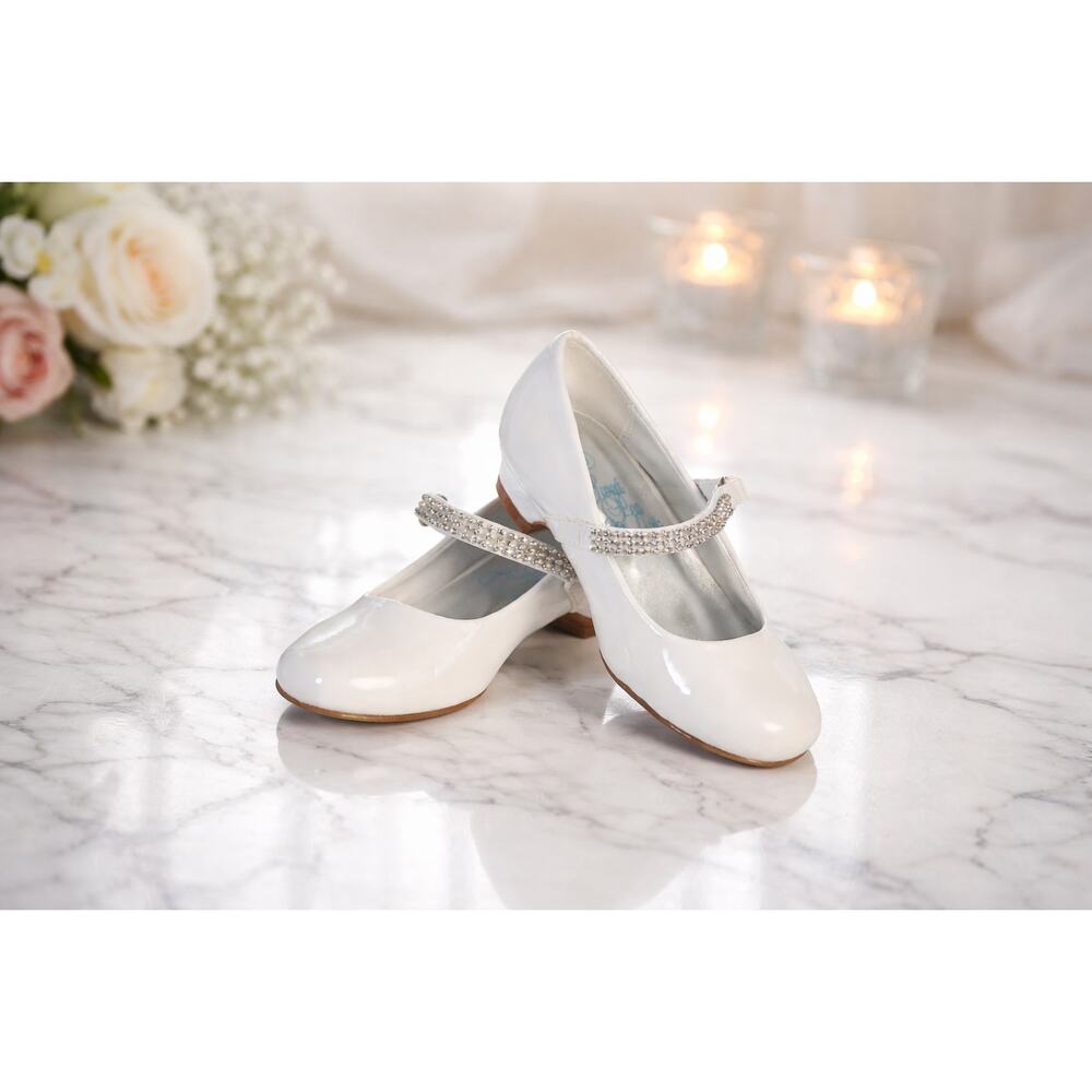 NEW Girl's Communion Dress Shoe - White/Patent 1" Heel Rhinestone Strap-Size 12T